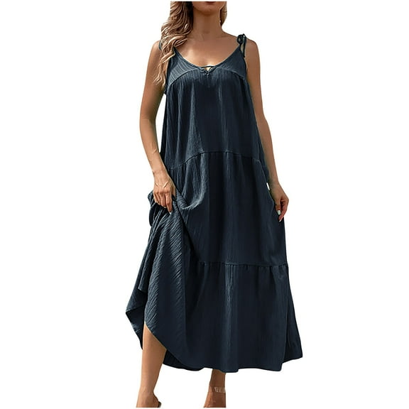 XuJwPNcy Casual Summer Dresses for Women Loose Spaghetti Strap Sleeveless Maxi Dress Plain Tiered Vacation Cami Dresses