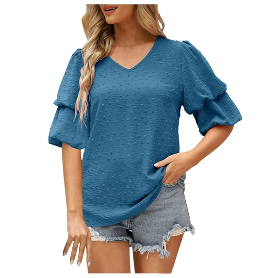 XuJwPNcy Chiffon Tops for Women Dressy Casual Puff Half Sleeve V Neck Summer Shirts Trendy Casaul Blouse