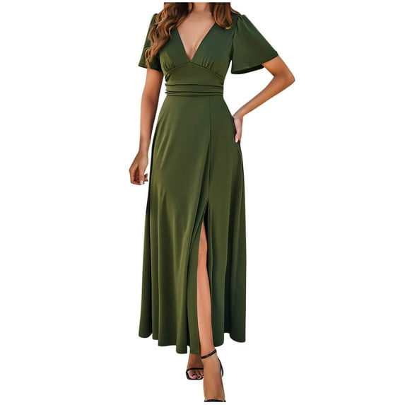 Yuzhih Cocktail Dresses for Women Short Sleeve Sexy Low Cut Prom Dress High Waist Slit Evening Party Maxi Dresses