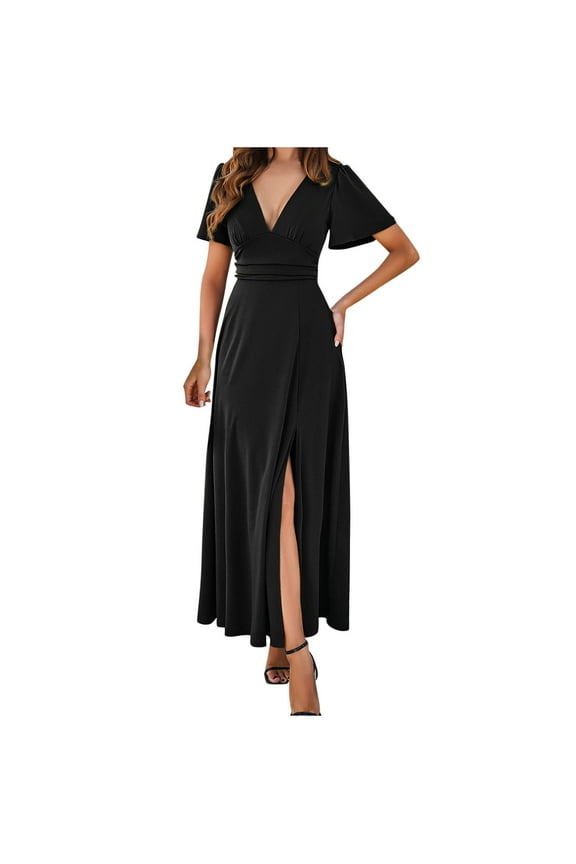 Cocktail Dresses for Women Short Sleeve y Low Cut Prom Dress High Waist Slit Evening Party Maxi Dresses