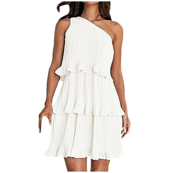 Yuzhih Cocktail Dresses for Women Summer One-Shoulder Sleeveless Mini Dress Casual Ruffle Layered Flowy Beach Dresses