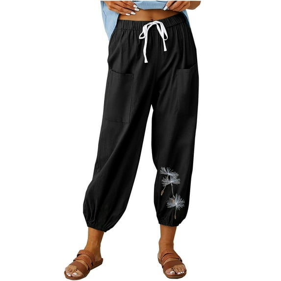 Yuzhih Cotton Linen Capris 2024 Summer Trendy Printed Trousers High Waisted Drawstring Cinch Bottom Capri Pants