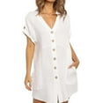 thumbnail image 1 of XuJwPNcy Cotton Linen Dress Women Short Sleeve Button down Shirt Dresses Casual Loose V Neck Cover Ups with Pockets, 1 of 7