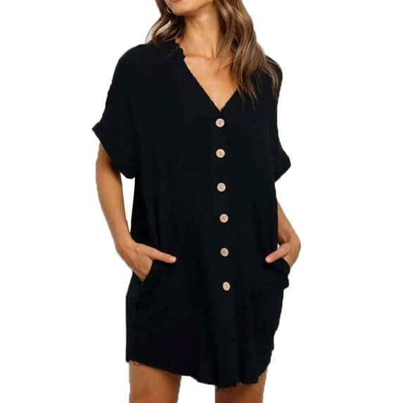 XuJwPNcy Cotton Linen Dress Women Short Sleeve Button down Shirt Dresses Casual Loose V Neck Cover Ups with Pockets