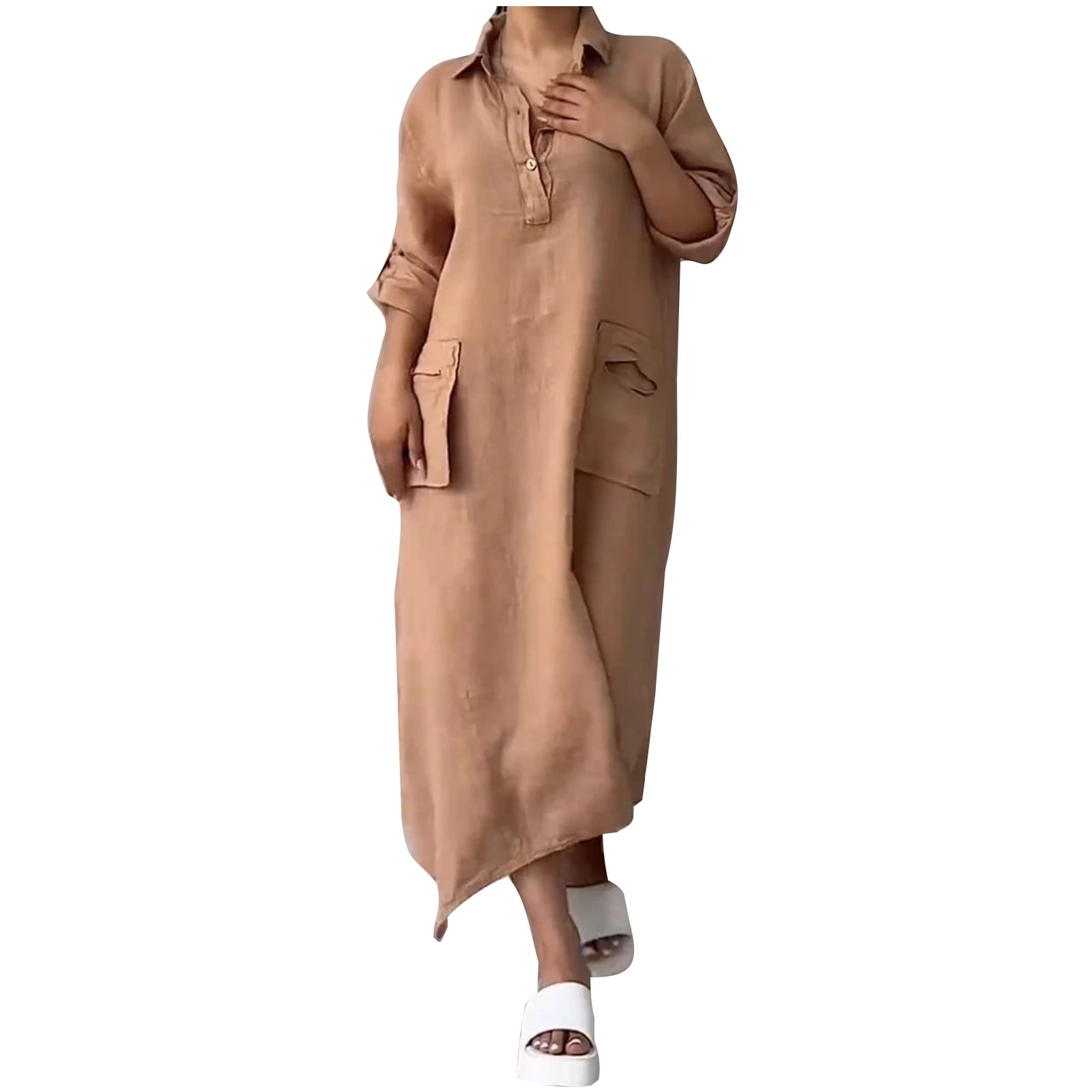 cfhntfmh Cotton Linen Dresses for Women Fall Casual Long Sleeve V Neck Button up Loose Flowy Maxi Dresses with Pockets
