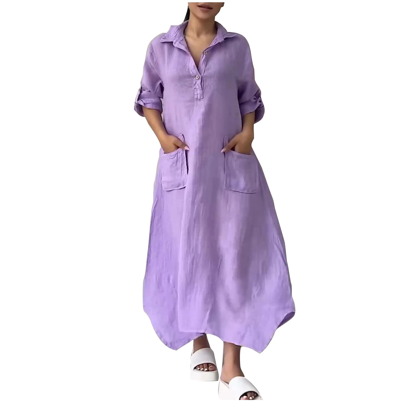 cfhntfmh Cotton Linen Dresses for Women Fall Casual Long Sleeve V Neck Button up Loose Flowy Maxi Dresses with Pockets