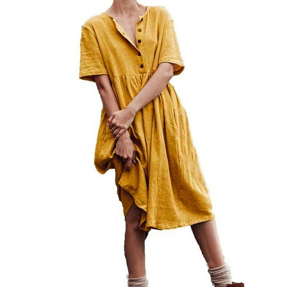 Yuzhih Cotton Linen Dresses for Women 2024 Round Neck Short Sleeve Button up Dresses Midi Length Loose Summer Dresses