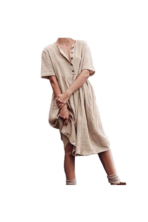 Cotton Linen Dresses for Women Round Neck Short Sleeve Button up Dresses Midi Length Loose Summer Dresses