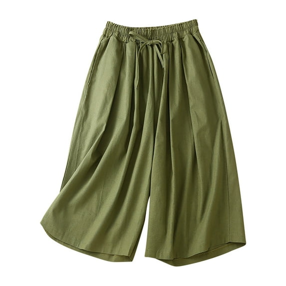 XuJwPNcy Cotton Linen Pants Women Drawstring Elastic Waist Capri Pants Casual Wide Leg Beach Capris with Pockets