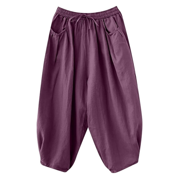 Yuzhih Cotton Linen Pants Women Flowy Casual Wide Leg Pants with Drawstring Pockets Summer Trousers 2024