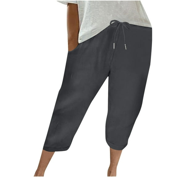 Yuzhih Cotton Linen Pants Women Loose Drawstring Elastic Waist Capri Pants Summer Vacation Roll up Lounge Pants with Pockets