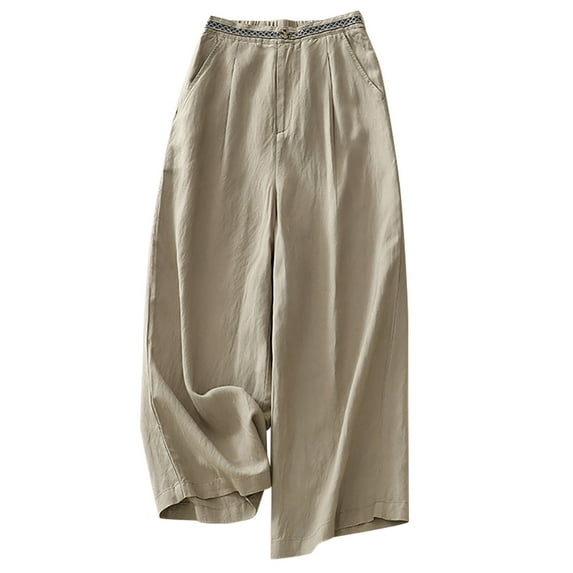 Yuzhih Cotton Linen Pants Women Loose Wide Leg Zip off Cropped Pants Work Business Lounge Trousers with Pockets