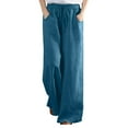 thumbnail image 1 of Yuzhih Cotton Linen Pants Women Summer Loose Wide Leg Trousers Elastic Waist Drawstring Lounge Pants with Pockets, 1 of 5