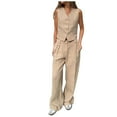 thumbnail image 1 of XuJwPNcy Cotton Linen Set for Women Button down V Neck Vest Sleeveless Tops and Wide Leg Pants Suits 2 Piece Lounge Outfits, 1 of 7
