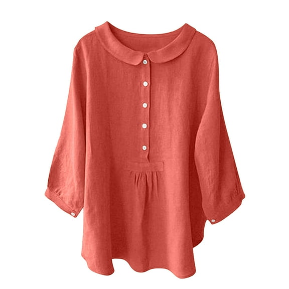 Yuzhih Cotton Linen Shirts for Women Collared V Neck Button up Long Sleeve Tops Trendy Dressy Blouses