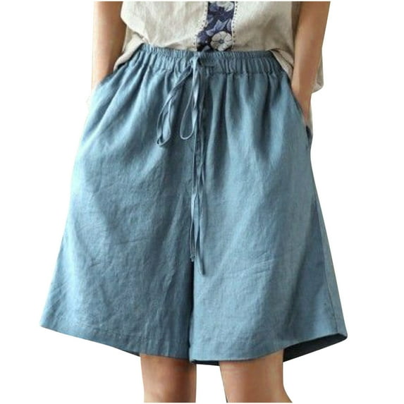 Yuzhih Cotton Linen Shorts for Women Summer Loose Wide Leg Shorts Drawstring Elastic Waist Casual Beach Shorts with Pockets