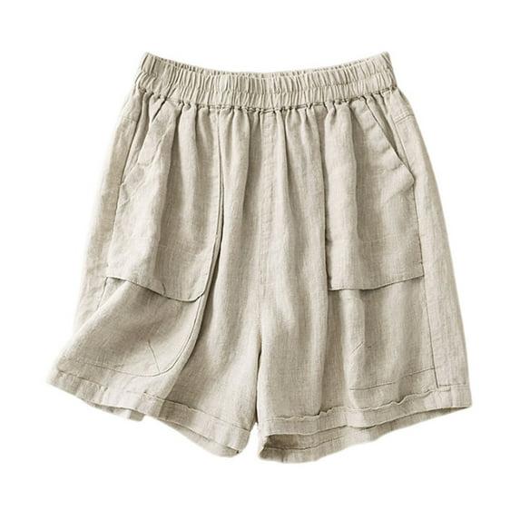 XuJwPNcy Cotton Linen Shorts for Women Summer Solid Elastic Waist Short Pants with Pockets Vacation Beach Shorts