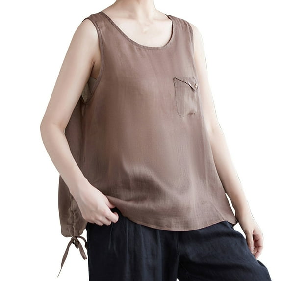 Yuzhih Cotton Linen Tops Women Summer Scoop Neck Sleeveless Side Slit Tank Tops Baggy Flowy Shirts with Pocket