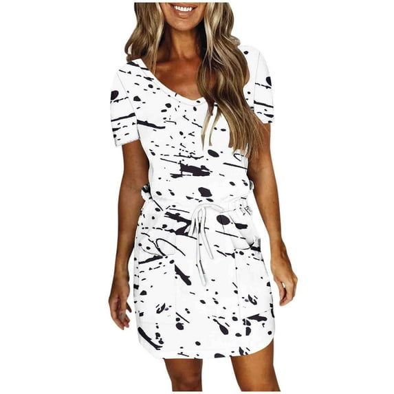 XuJwPNcy Dresses for Women Summer V Neck Short Sleeve Mini Dress Drawstring Waist Short Sundresses with Pockets
