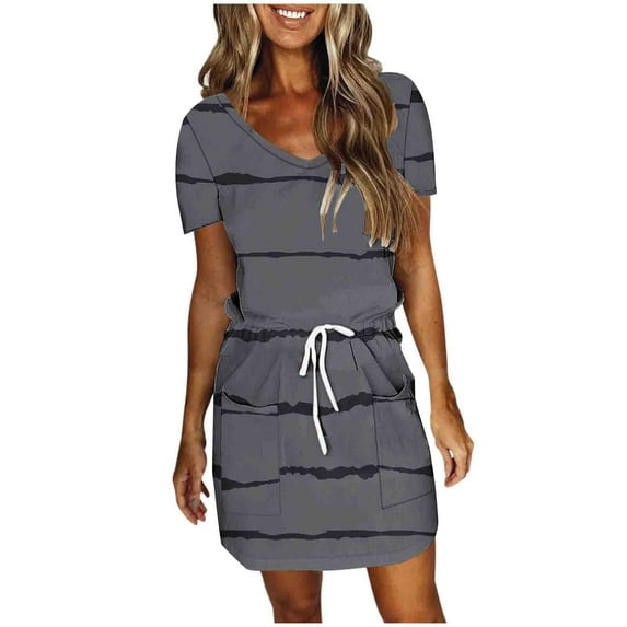 cfhntfmh Dresses for Women Summer V Neck Short Sleeve Mini Dress Drawstring Waist Short Sundresses with Pockets
