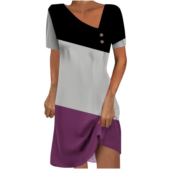 XuJwPNcy Dresses for Women V Neck Color Block Short Sleeve Summer Dresses Fashion Casual Sundress