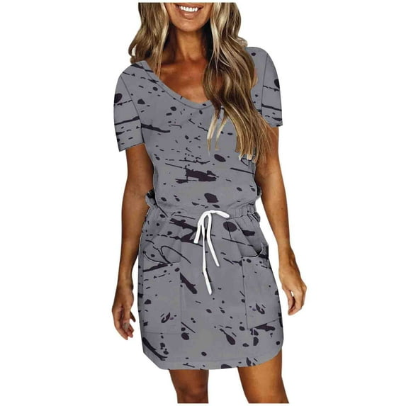 XuJwPNcy Dresses for Women Summer V Neck Short Sleeve Mini Dress Drawstring Waist Short Sundresses with Pockets