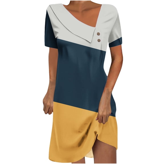 XuJwPNcy Dresses for Women V Neck Color Block Short Sleeve Summer Dresses Fashion Casual Sundress