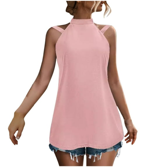 Yuzhih Dressy Tank Tops Women Mock Neck Flowy Loose Sleeveless Shirts Summer Solid off Shoulder Tunic Tops