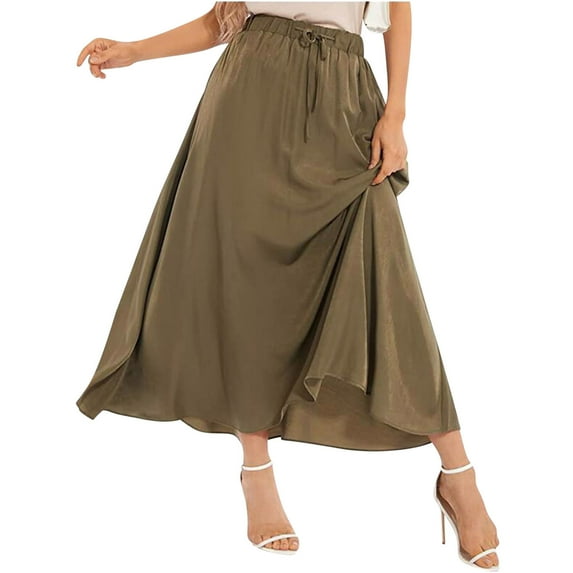 Yuzhih Flowy Maxi Skirt for Women Vintage Solid Color High Waist A Line Boho Beach Holiday Long Skirts