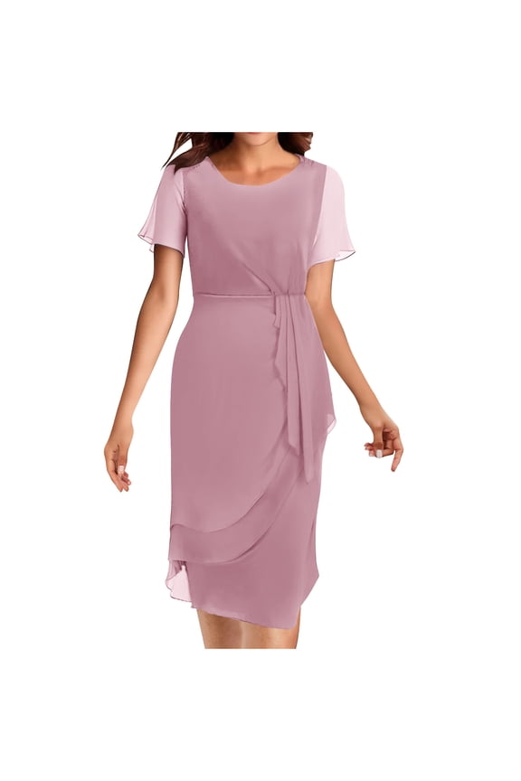 Formal Dresses for Women Short Sleeve Round Neck Chiffon Dresses Casual Elegant Wedding Guest Midi Dress with Back Zip