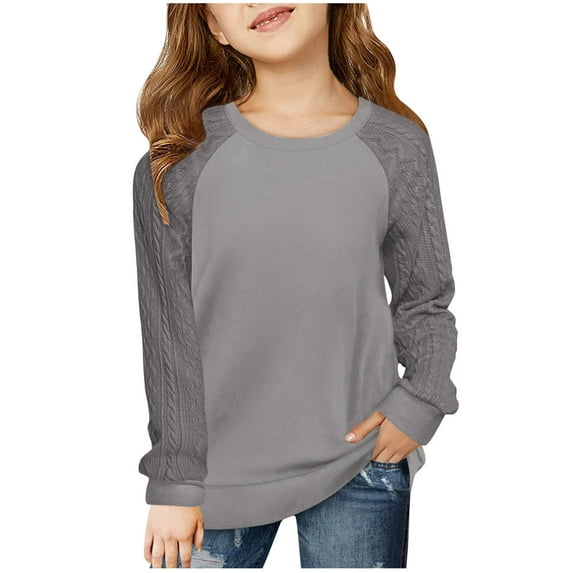 XuJwPNcy Girls Long Sleeve Tops T-Shirts Crewneck Casual Stretchy Solid Color Blouses Tops 4-13 Years