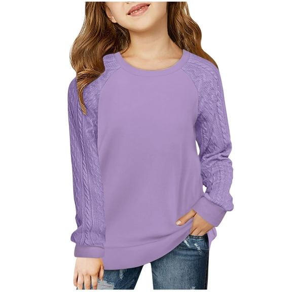 XuJwPNcy Girls Long Sleeve Tops T-Shirts Crewneck Casual Stretchy Solid Color Blouses Tops 4-13 Years
