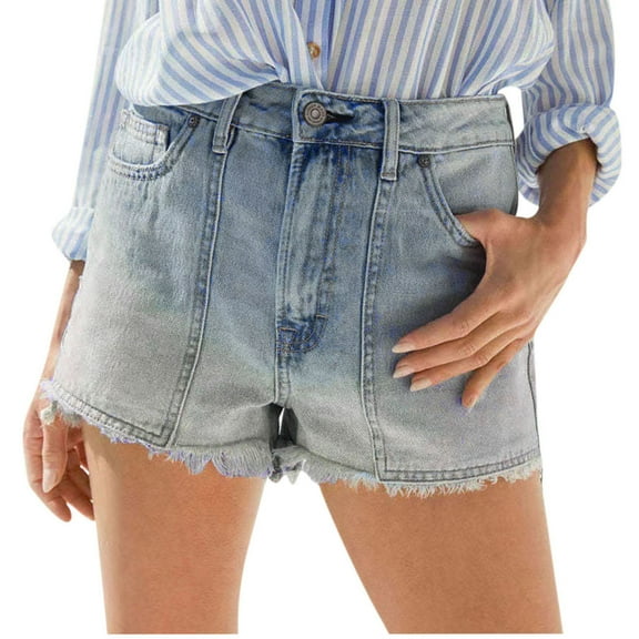 XuJwPNcy Jean Denim Shorts Womens Mid Waisted Stretchy Shorts with Pockets Frayed Raw Hem Casual Denim Shorts