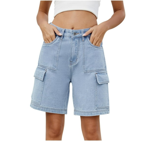 XuJwPNcy Jean Shorts for Women Bermuda Cargo Shorts Mid Waist Shorts for Summer Casual Trendy Stretchy Denim Shorts