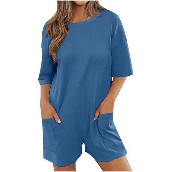 XuJwPNcy Jumpsuit Shorts for Women Short Sleeve Crew Neck Overalls Casual Plain Loose Rompers Shorts with Pockets