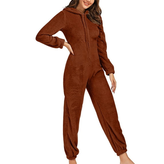 Yuzhih Jumpsuit for Women Plush Fuzzy Pajamas Long Sleeve Zip up Winter Warm Rompers Sleepwear Fall