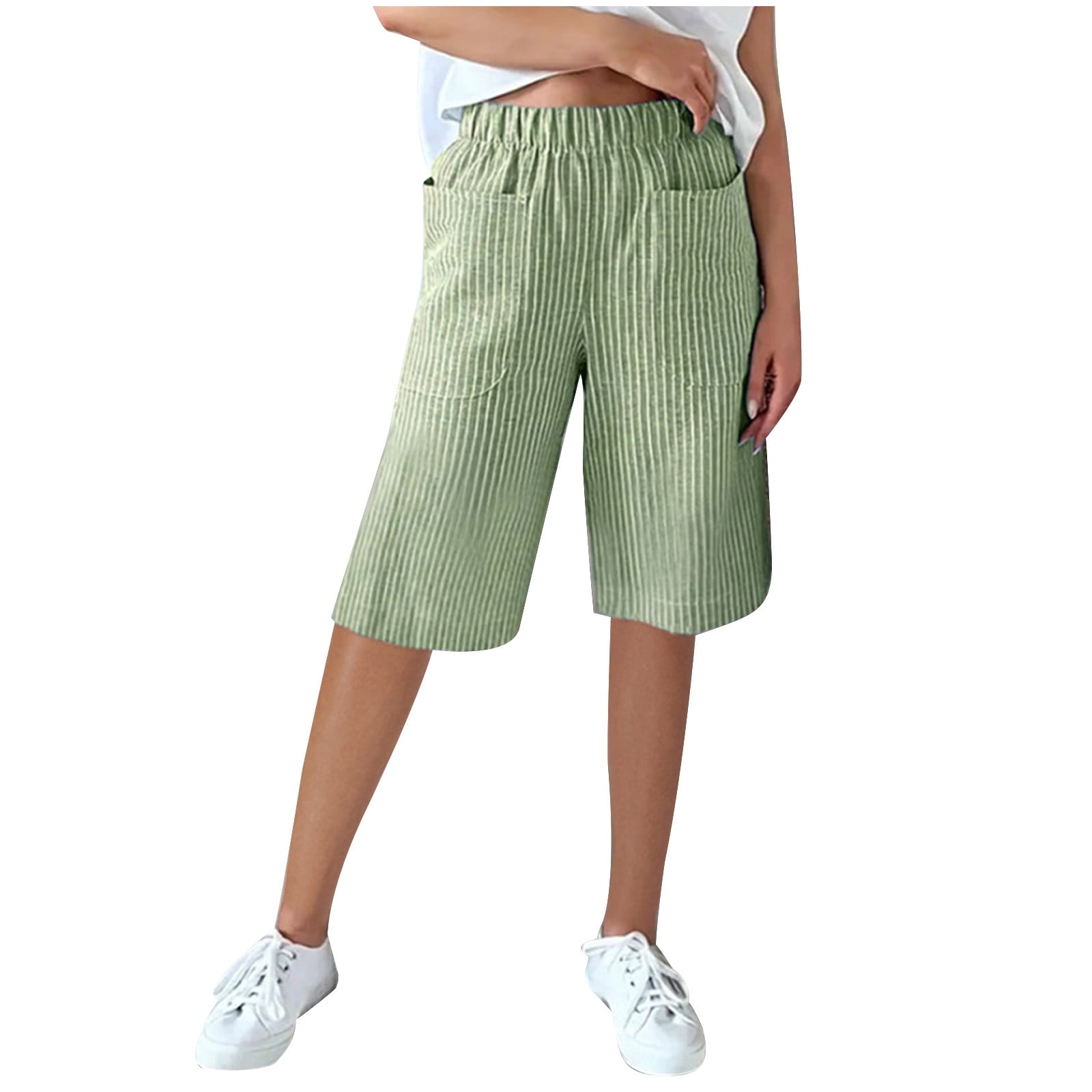 90s linen wide baggy stripe shorts 膝下 XuJwPNcy Knee Length Shorts for Women Summer Loose Comfy Striped
