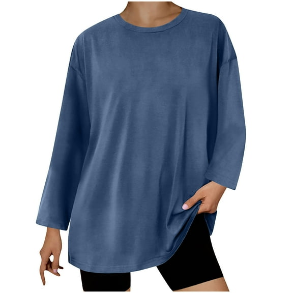 XuJwPNcy Long Sleeve Shirts for Women Fashion Solid Soft Comfy Tops Casual Baggy Round Neck Fall Blouse
