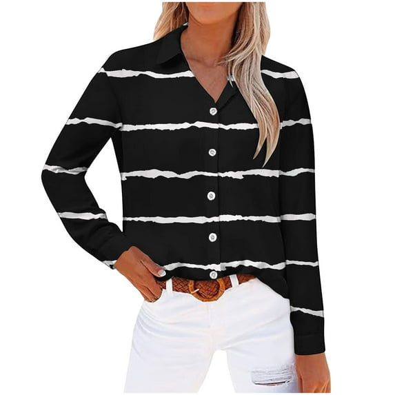 XuJwPNcy Long Sleeve Shirts for Women Collared V Neck Button down Blouse Tees Fall Color Block Tops