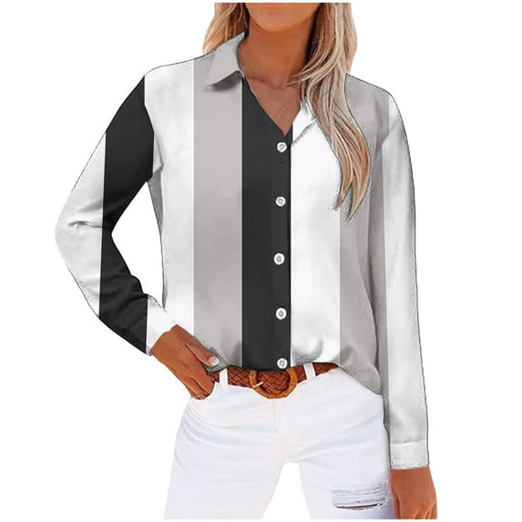 XuJwPNcy Long Sleeve Shirts for Women Collared V Neck Button down Blouse Tees Fall Color Block Tops