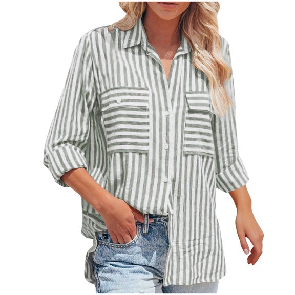 XuJwPNcy Long Sleeve Shirts for Women Collared V Neck Button down Striped Printed Blouse Tees Casual Baggy Fall Clothes