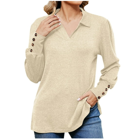 XuJwPNcy Long Sleeve Shirts for Women Collared V Neck Tshirts Fall Loose Baggy Tops Tunic Blouses
