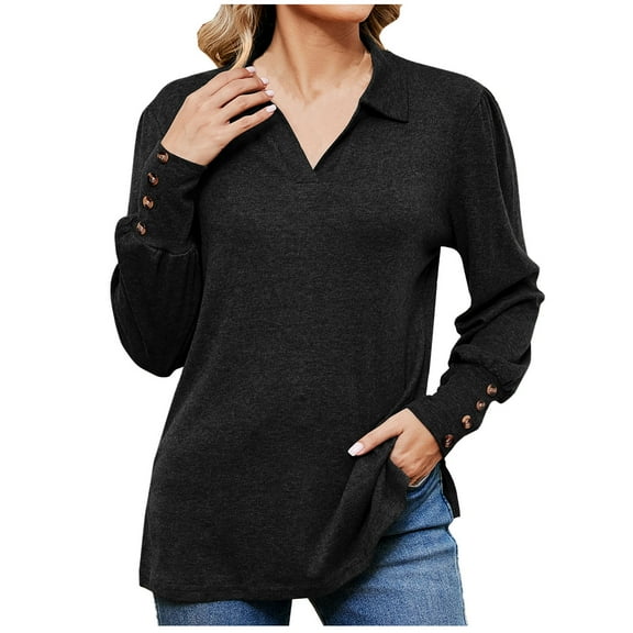 XuJwPNcy Long Sleeve Shirts for Women Collared V Neck Tshirts Fall Loose Baggy Tops Tunic Blouses