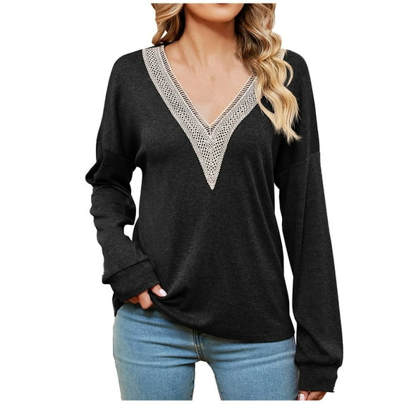 Yuzhih Long Sleeve Shirts for Women Dressy V Neck Casual Blouse Basic Loose Tunic Tops Trendy Soft Fall Tops 2024