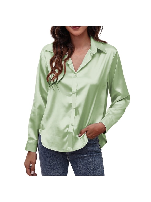 Long Sleeve Shirts for Women Satin Silk Button down Collared Shirts Slim Office Blouses Casual Formal Work Tops