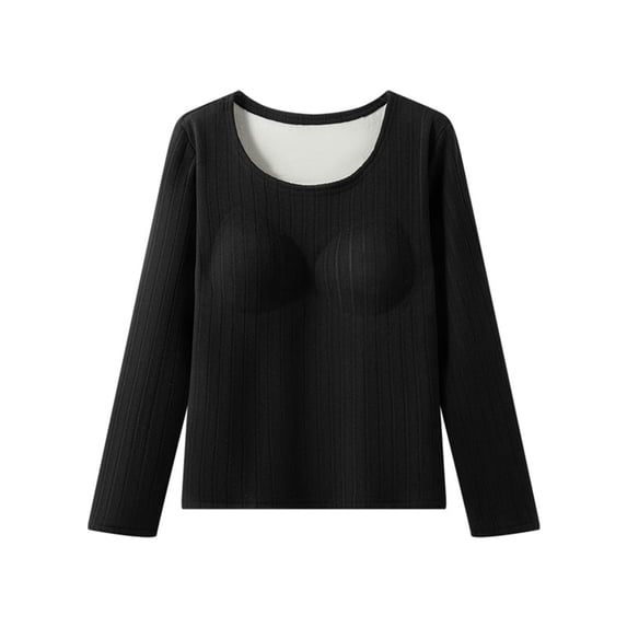 XuJwPNcy Womens Thermal Underwear Tops Built-In Chest Pad Fleece Line Warm Shirt Scoop Neck Thick Long Sleeve Undershirts