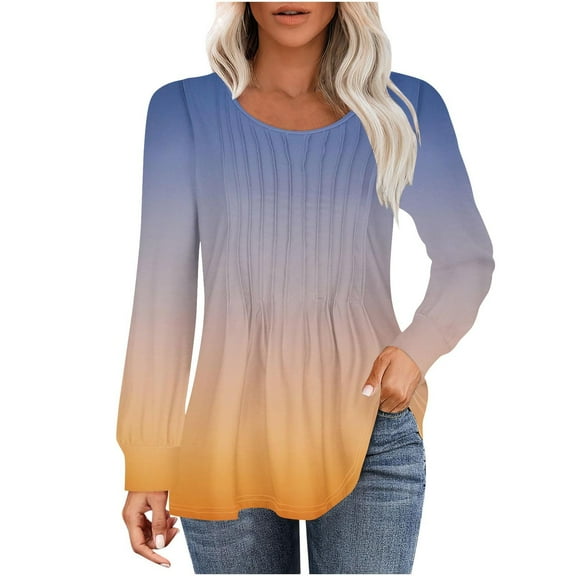 XuJwPNcy Long Sleeve Tops Womens Crew Neck Casual Pleated Blouses Gradient Tunic Tops Dressy Loose Fall Shirtsv