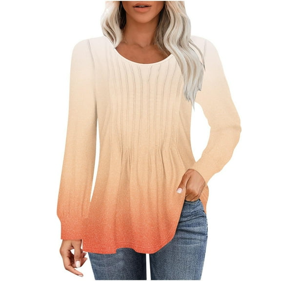 XuJwPNcy Long Sleeve Tops Womens Crew Neck Casual Pleated Blouses Gradient Tunic Tops Dressy Loose Fall Shirtsv