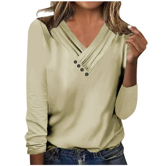 XuJwPNcy Long Sleeve Tops for Women V Neck Button up Fashion Solid Tunic Blouse Soft Comfy Shirts