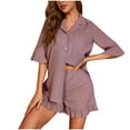 thumbnail image 1 of XuJwPNcy Lounge Pajama Sets for Women Ruffle Hem Collared V Neck Button down Shirt with Wide Leg Shorts 2 Piece Pj Sets, 1 of 6